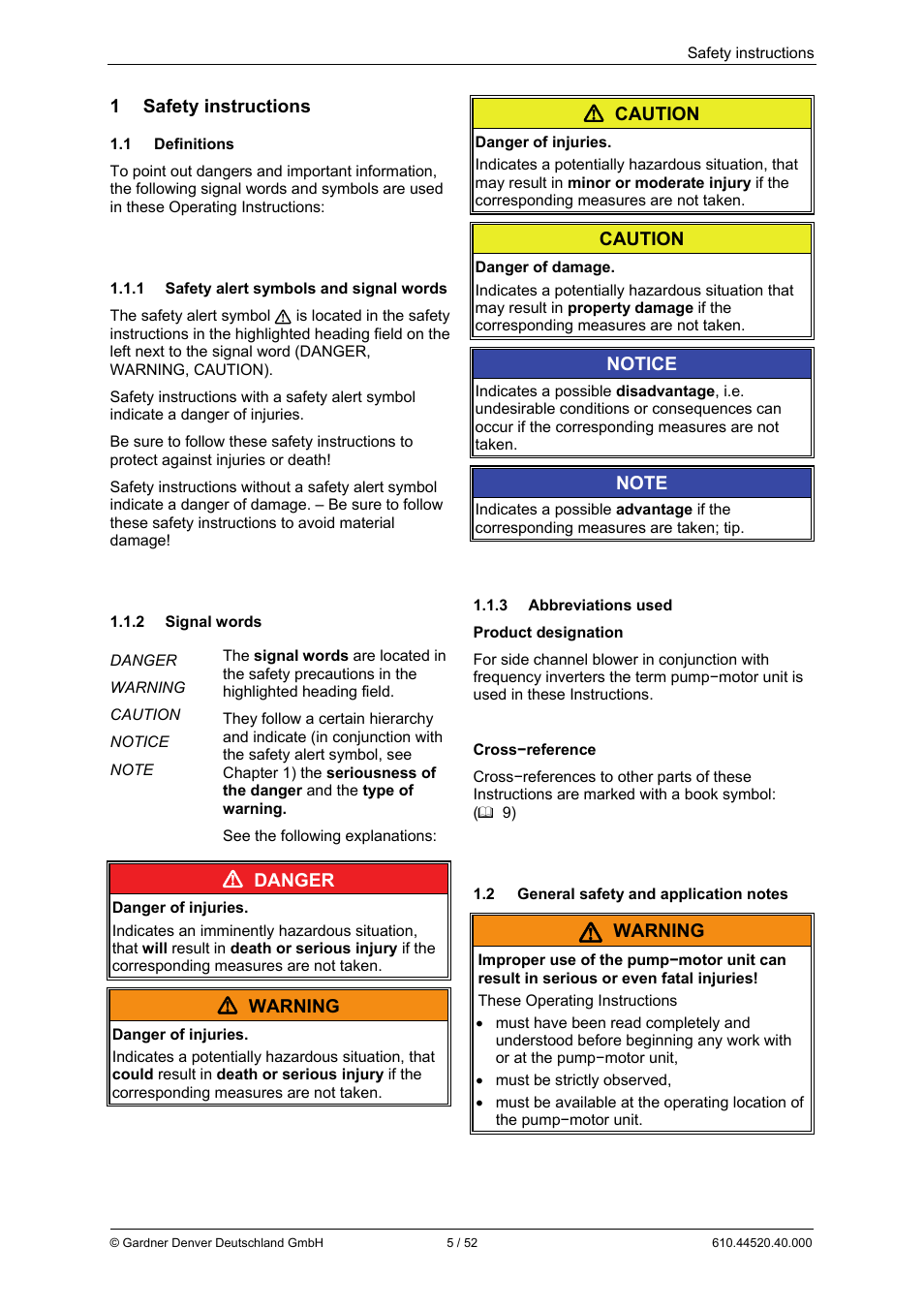 1 safety instructions, Danger, Warning | Caution, Notice | Elmo Rietschle G-BH7e User Manual | Page 5 / 52