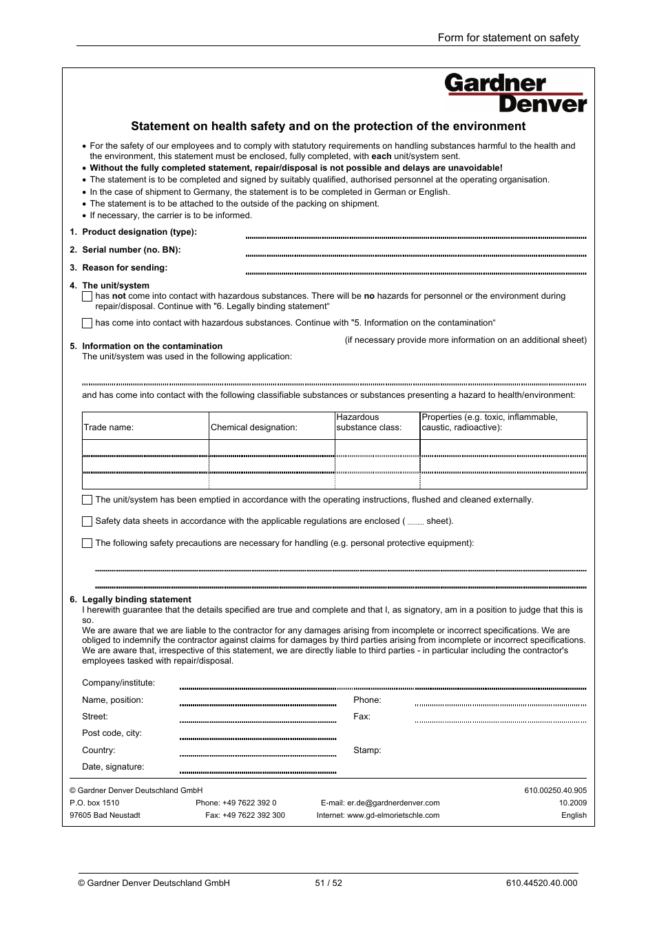 Form for statement on safety | Elmo Rietschle G-BH7e User Manual | Page 51 / 52