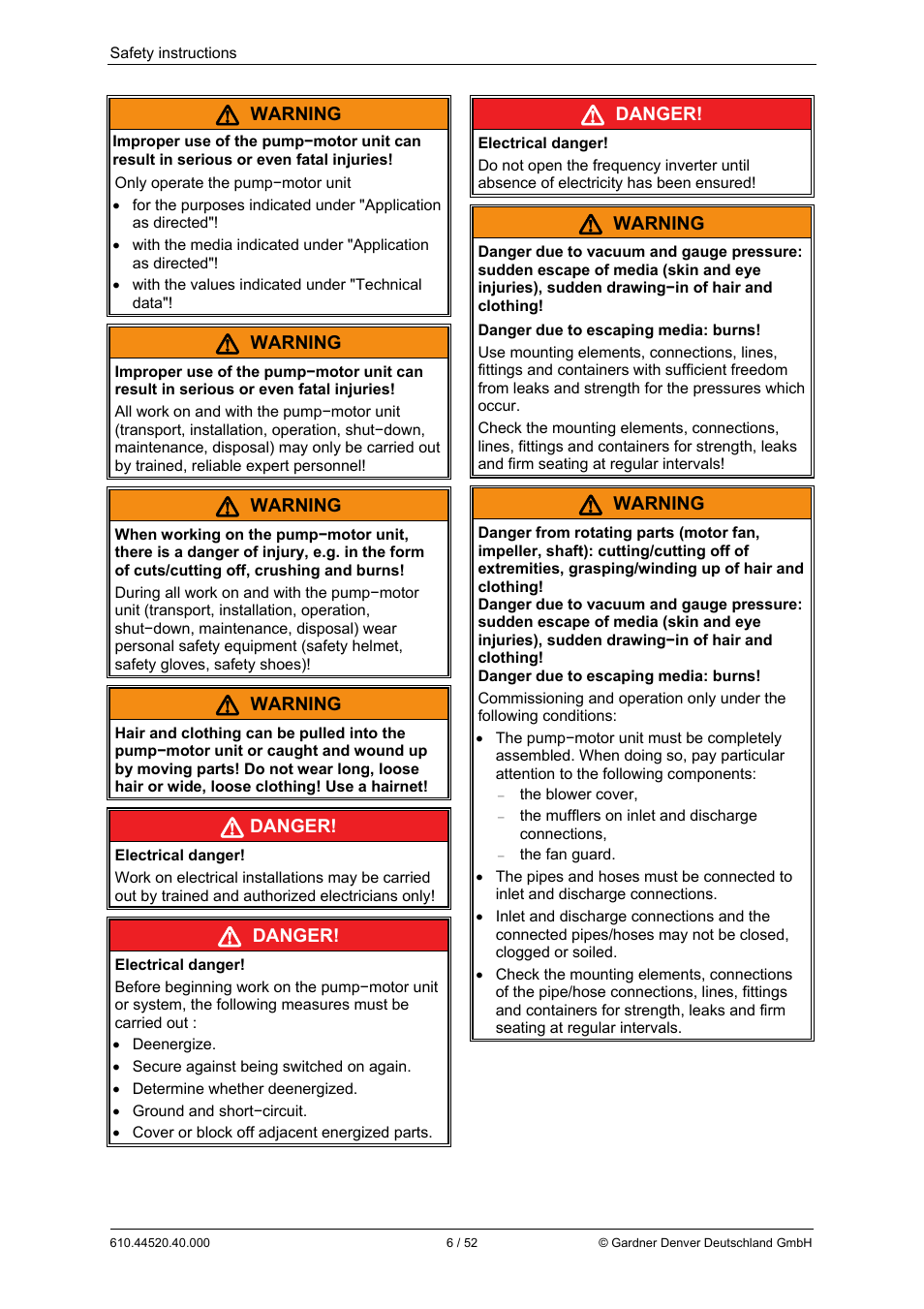 Warning, Danger | Elmo Rietschle G-BH7e User Manual | Page 6 / 52