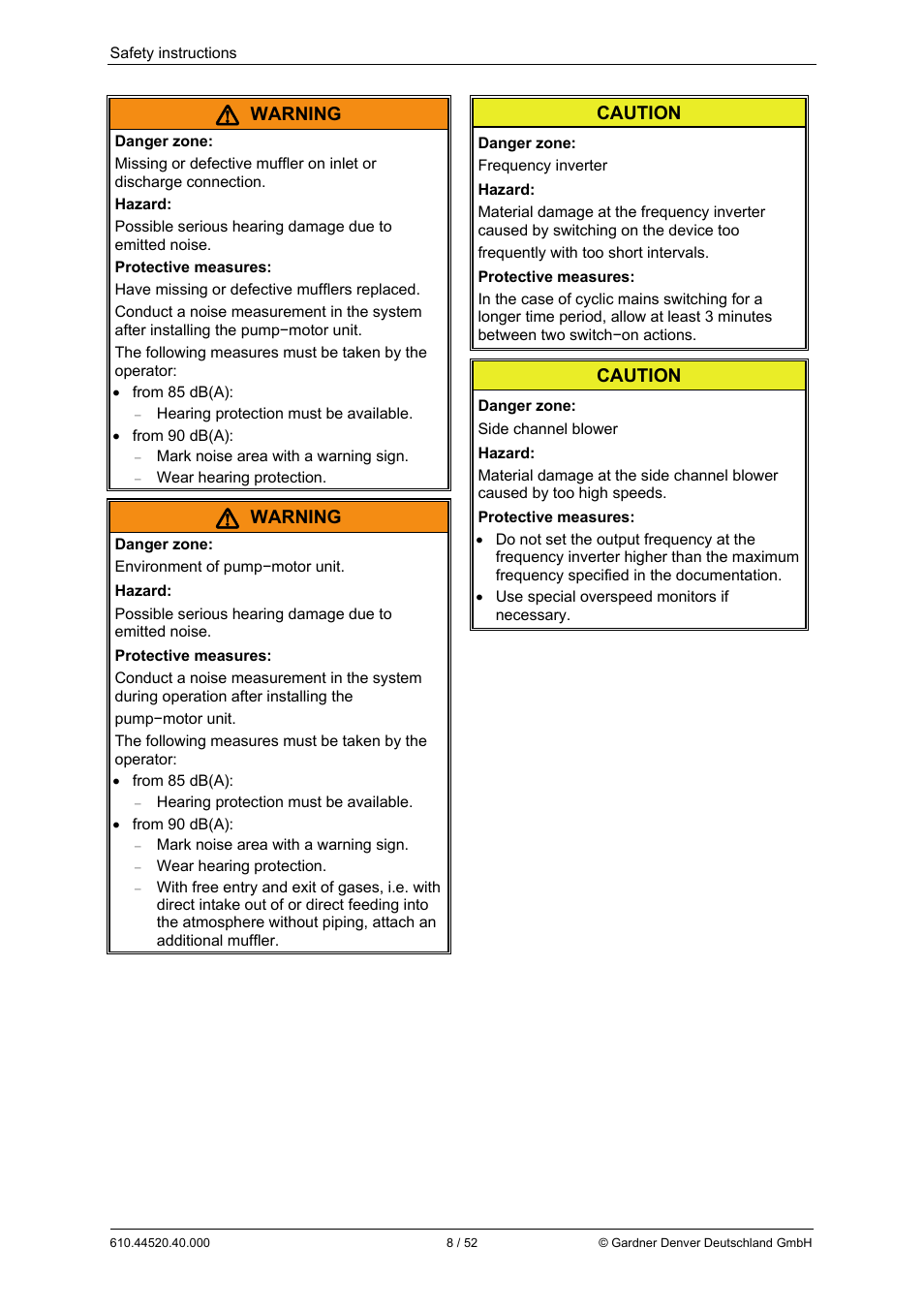 Warning, Caution | Elmo Rietschle G-BH7e User Manual | Page 8 / 52