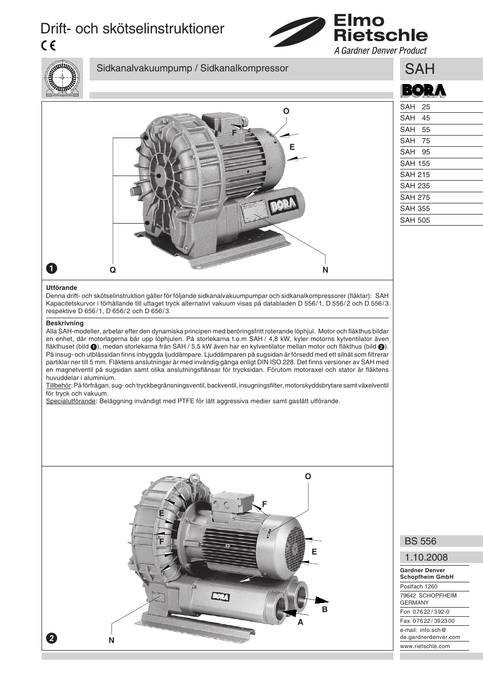 Svenska, Drift- och skötselinstruktioner, Sidkanalvakuumpump / sidkanalkompressor | Elmo Rietschle G-SAH User Manual | Page 33 / 48