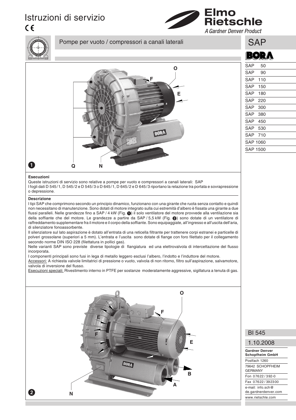 Italiano, Istruzioni di servizio, Pompe per vuoto / compressori a canali laterali | Elmo Rietschle G-SAP User Manual | Page 13 / 48