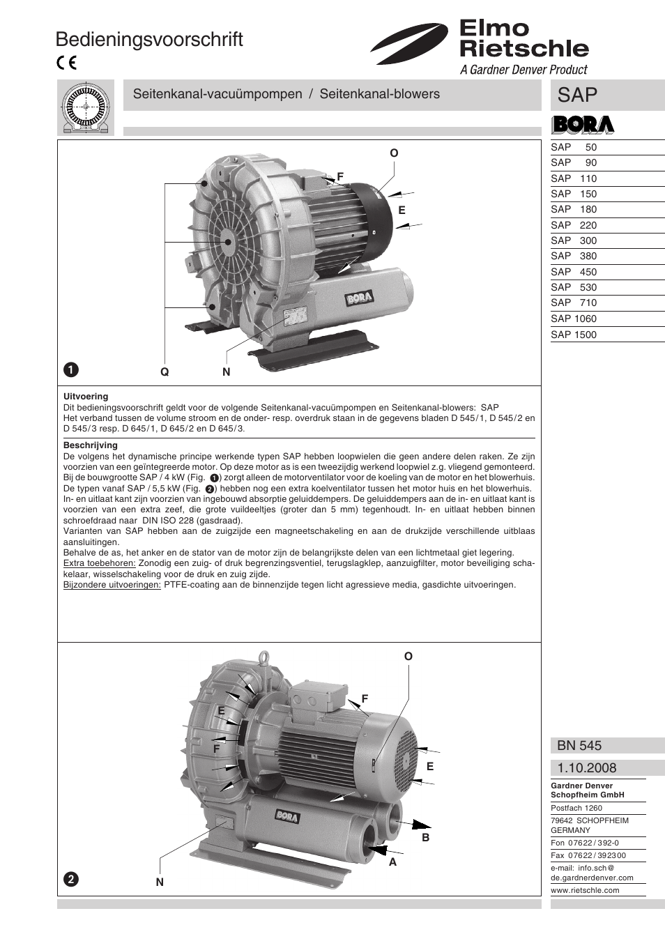 Nederlands, Bedieningsvoorschrift, Seitenkanal-vacuümpompen / seitenkanal-blowers | Elmo Rietschle G-SAP User Manual | Page 21 / 48