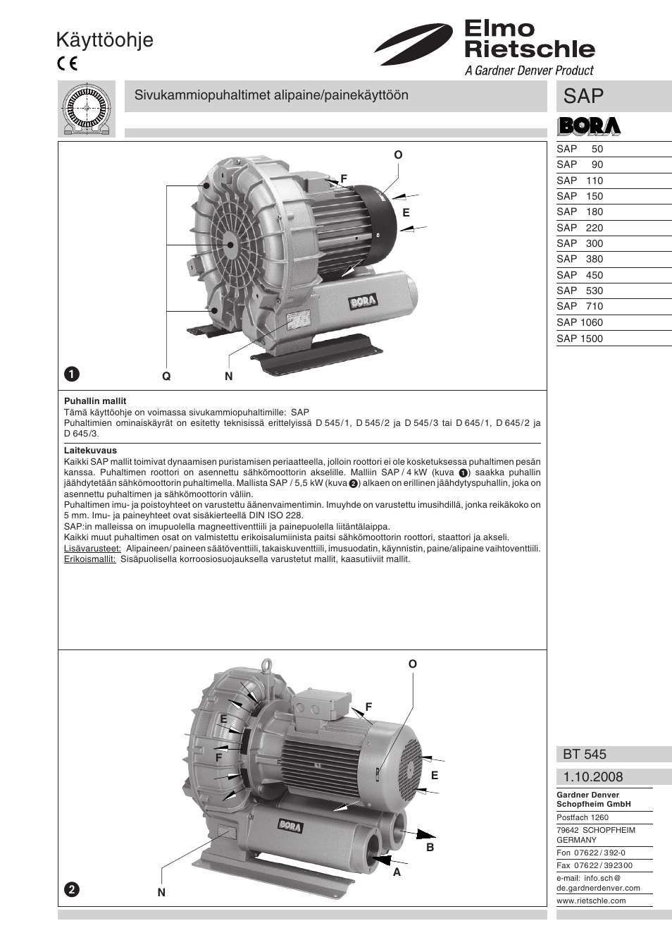 Suomi, Käyttöohje, Sivukammiopuhaltimet alipaine/painekäyttöön | Elmo Rietschle G-SAP User Manual | Page 41 / 48