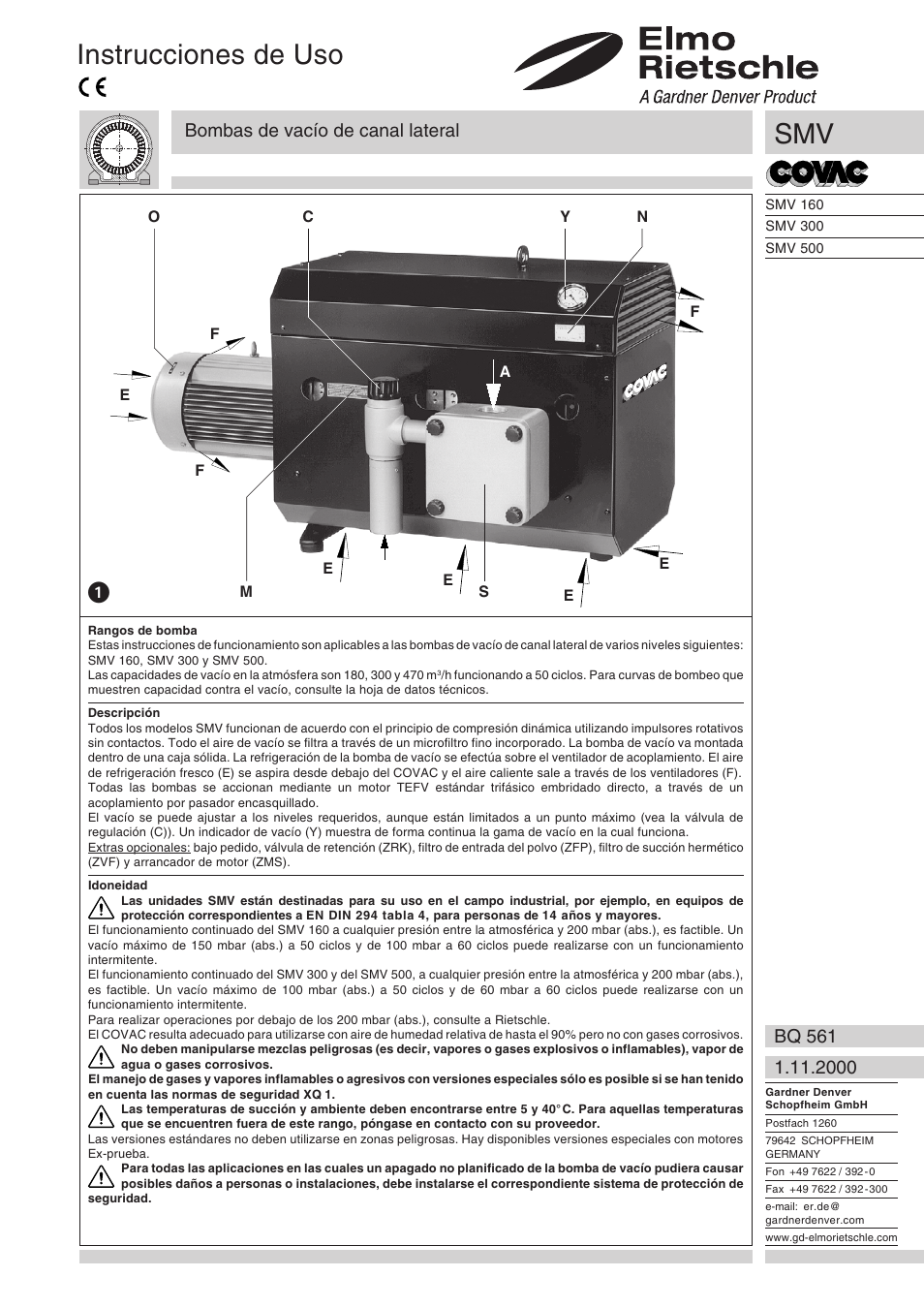 Español, Instrucciones de uso, Bombas de vacío de canal lateral | Elmo Rietschle G-SMV User Manual | Page 29 / 40