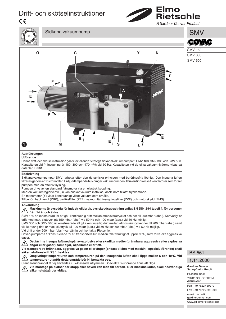 Svenska, Drift- och skötselinstruktioner, Sidkanalvakuumpump | Elmo Rietschle G-SMV User Manual | Page 33 / 40