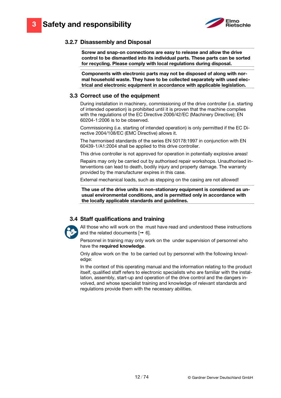 Safety and responsibility | Elmo Rietschle 2FC4...-1CB User Manual | Page 12 / 74