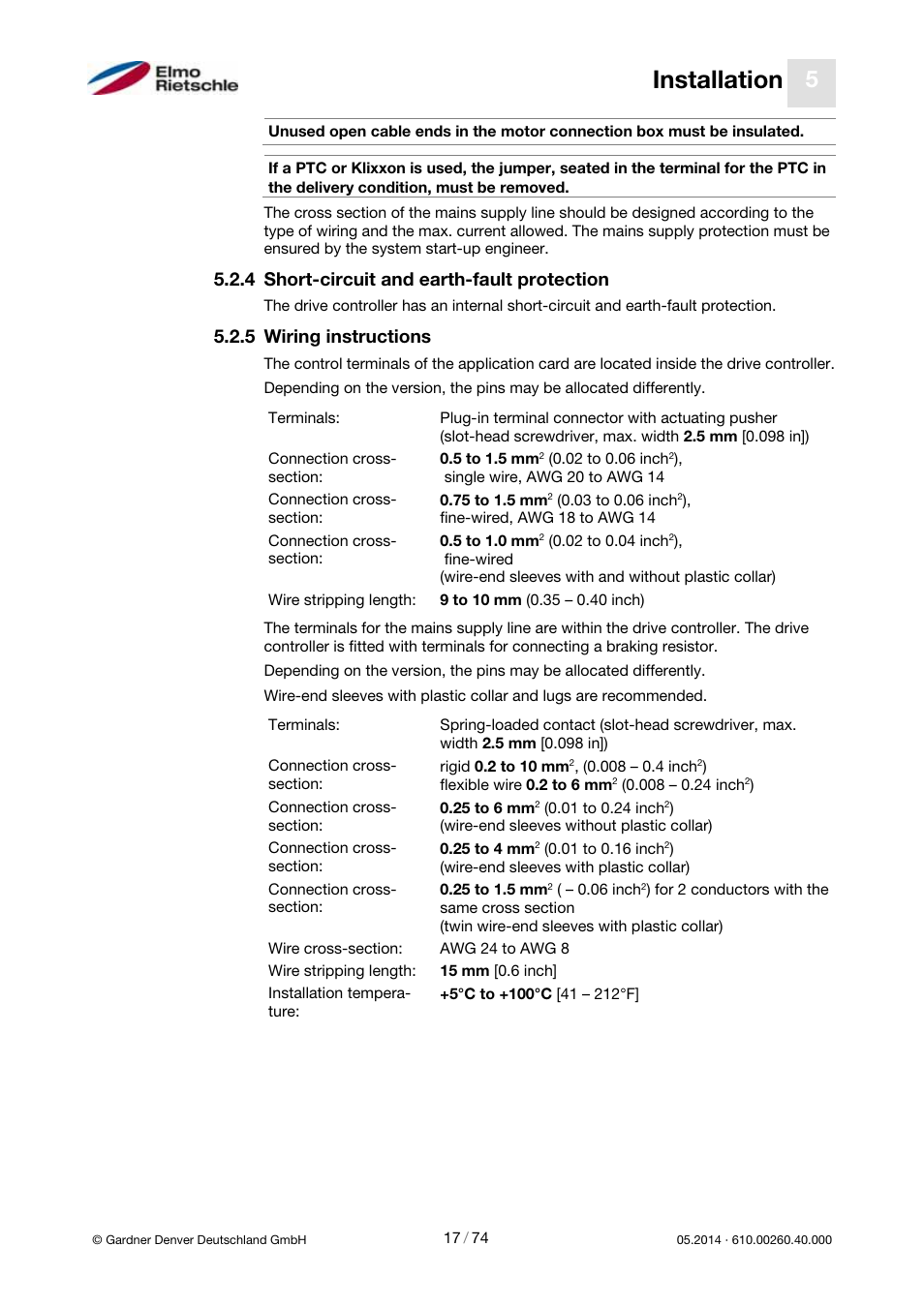 Installation, Short-circuit and earth-fault protection, Wiring instructions | Elmo Rietschle 2FC4...-1CB User Manual | Page 17 / 74