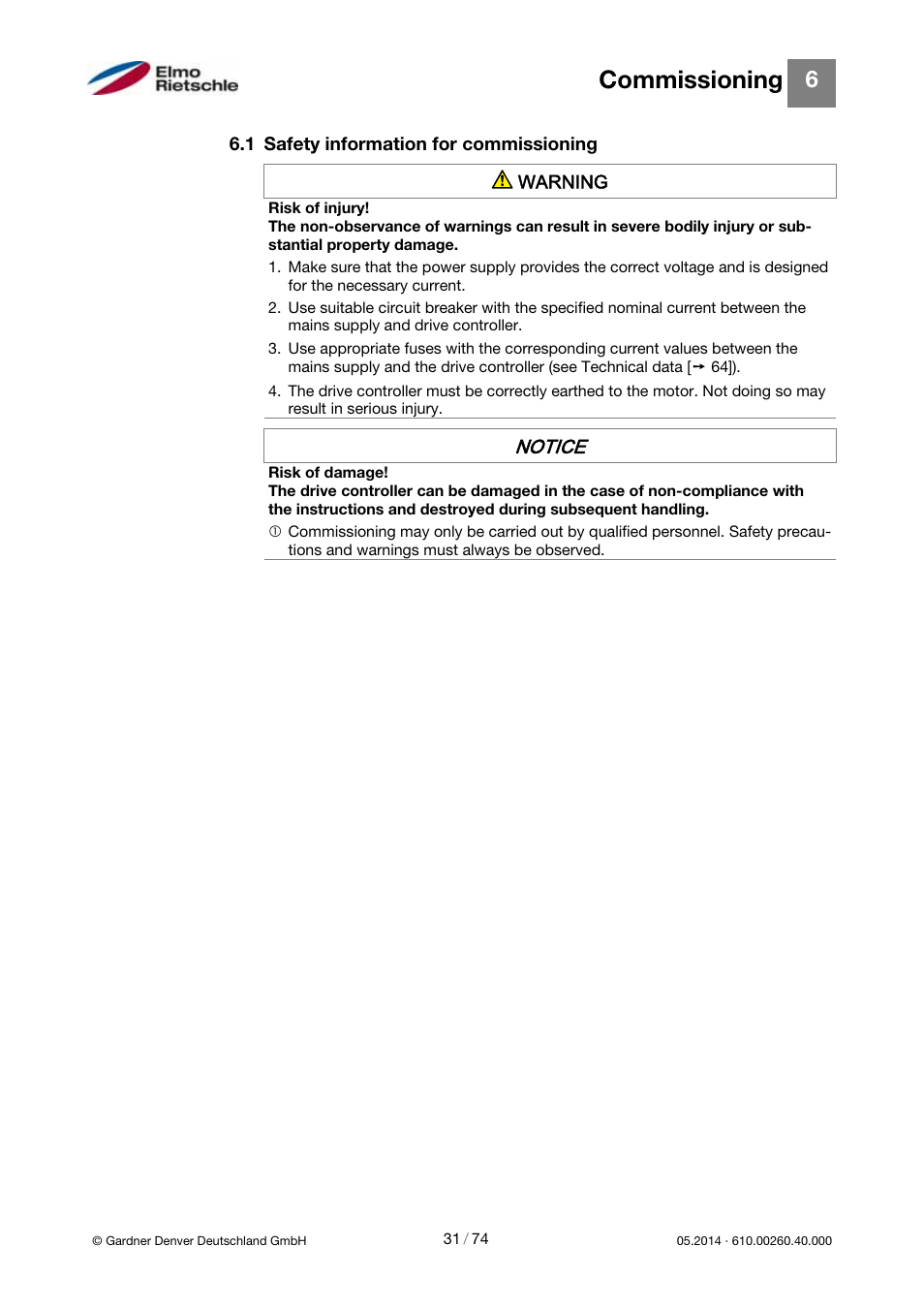 Commissioning, Notice | Elmo Rietschle 2FC4...-1CB User Manual | Page 31 / 74