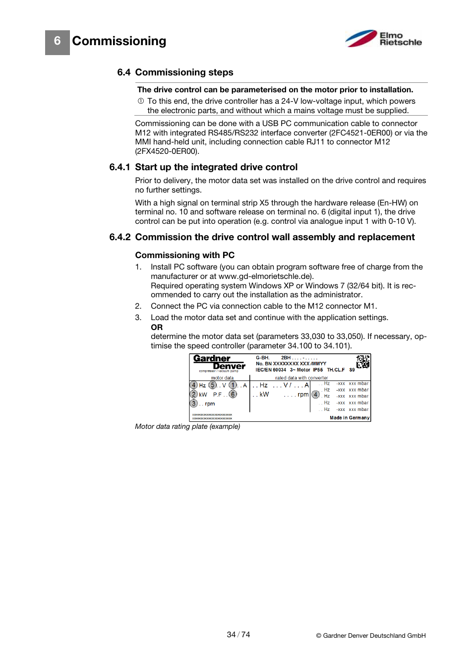Commissioning | Elmo Rietschle 2FC4...-1CB User Manual | Page 34 / 74