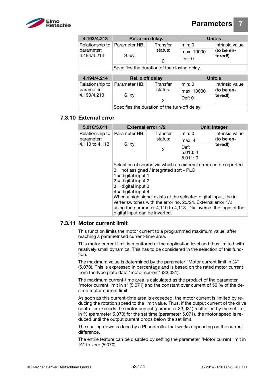 Parameters | Elmo Rietschle 2FC4...-1CB User Manual | Page 53 / 74