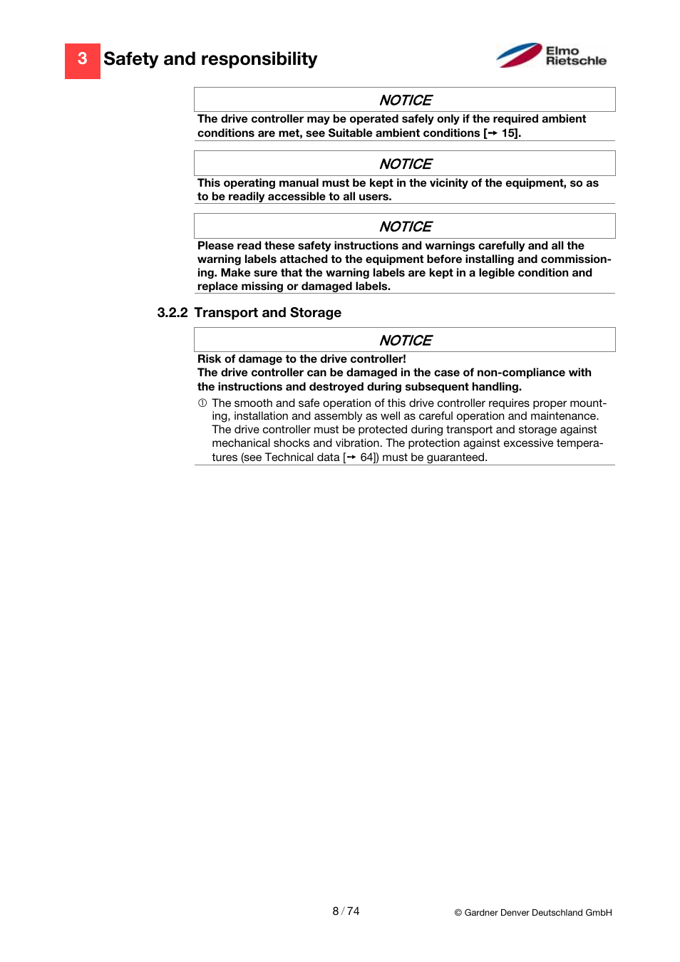 Safety and responsibility, Notice | Elmo Rietschle 2FC4...-1CB User Manual | Page 8 / 74