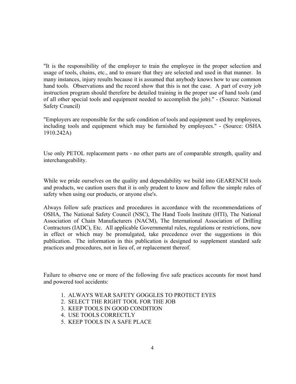 Safe practices and procedures, Responsibility, Replacement parts | Safety, Safe practices | GEARENCH LA155-16 PETOL Bull Tong User Manual | Page 6 / 19