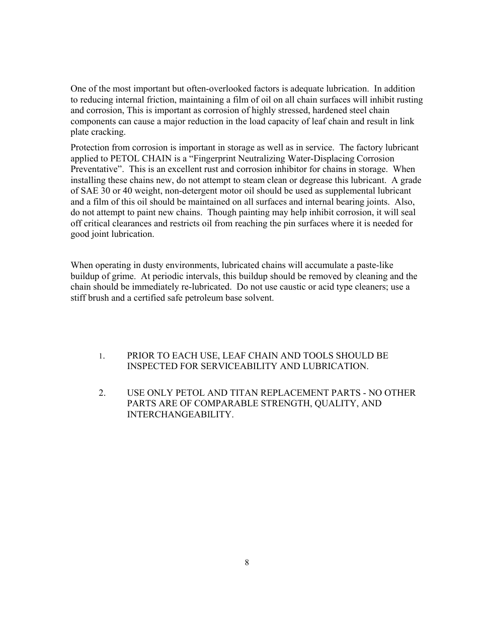 Lubrication, Periodic inspection list for petol special chain | GEARENCH LA16H (2-2 chain) PETOL Bull Tong User Manual | Page 10 / 19