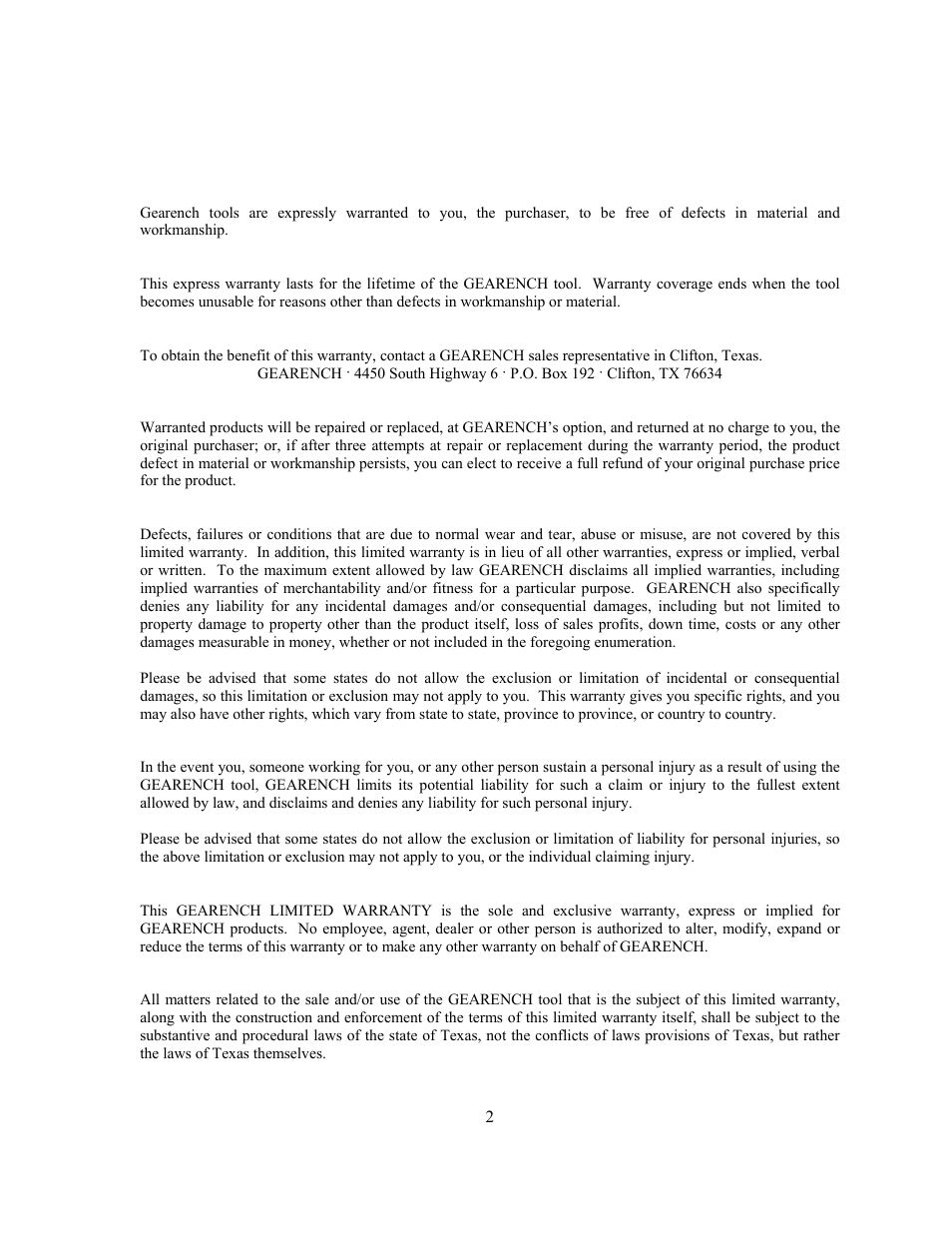 Warranty | GEARENCH LA120 PETOL Bull Tong User Manual | Page 4 / 21