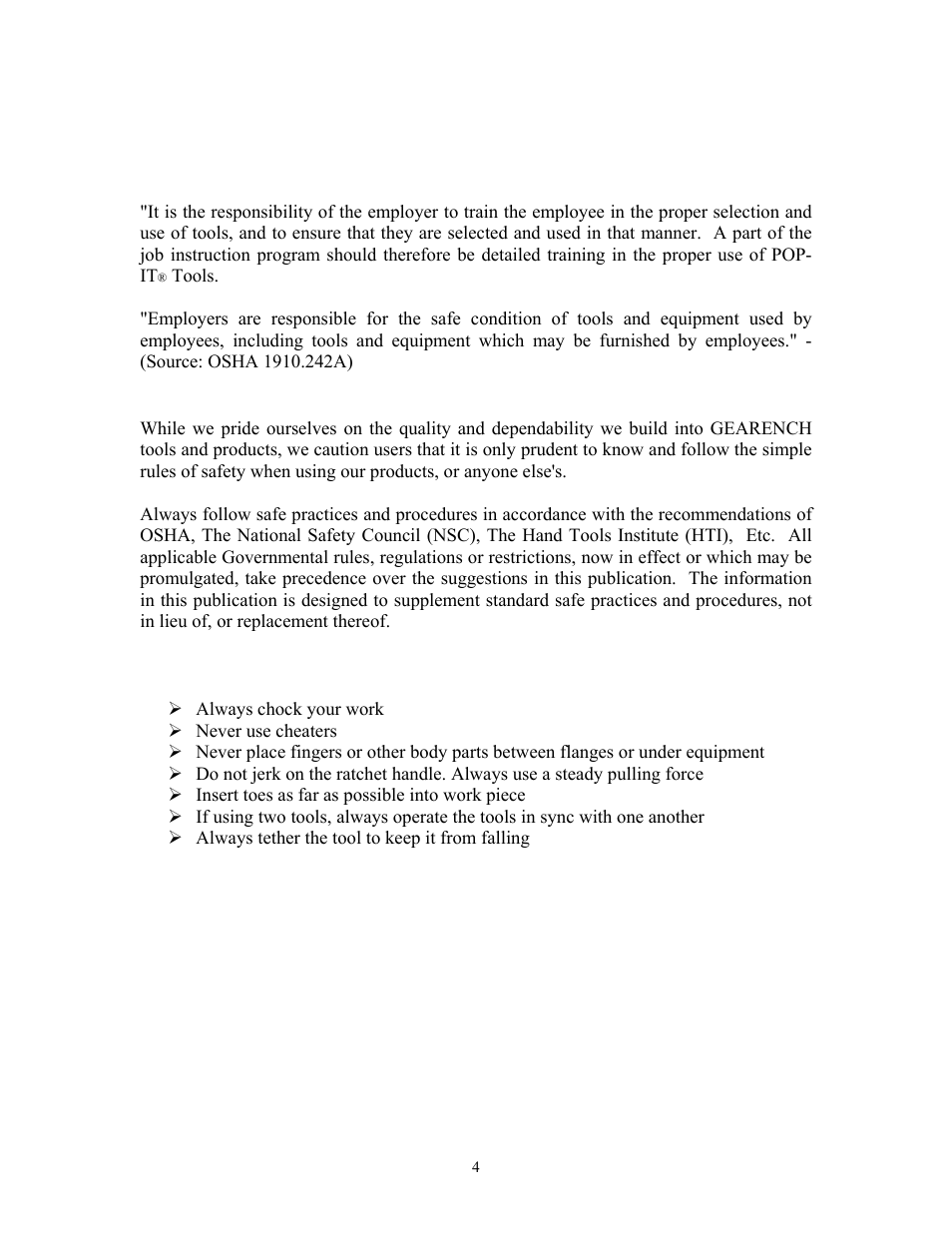 Safe practices and procedures, Responsibility, Safety | Warnings | GEARENCH PHD0535 PETOL POP-IT Flange Spreader & Prying Tool - Heavy Duty User Manual | Page 5 / 10