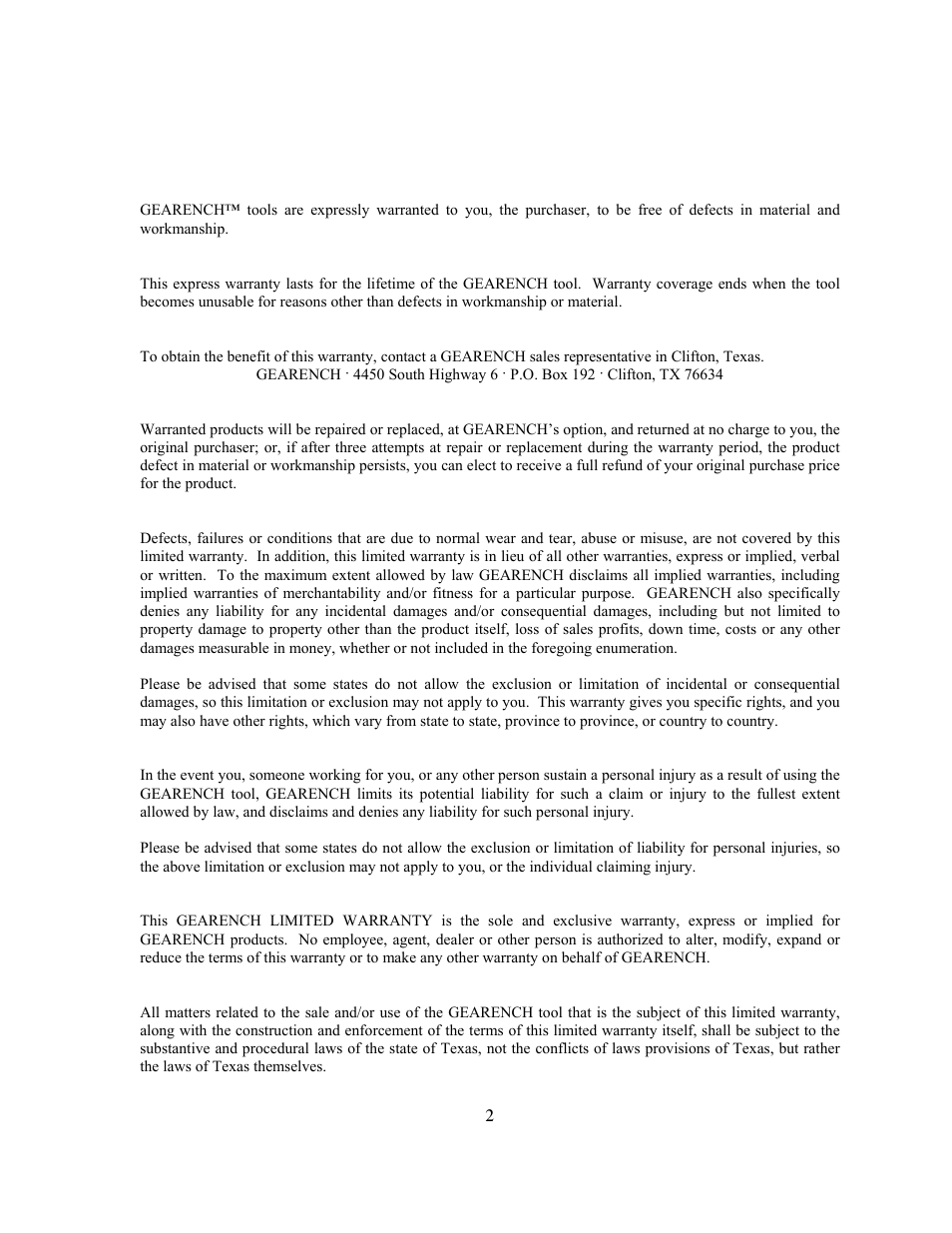 Warranty | GEARENCH REA025 PETOL Suckerod Elevator User Manual | Page 4 / 11