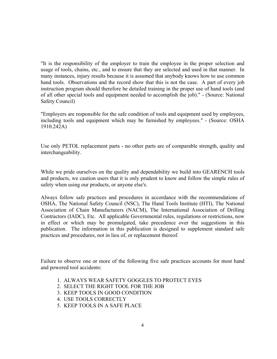 Safe practices and procedures, Responsibility, Replacement parts | Safety, Safe practices | GEARENCH SCT614H PETOL SURGRIP™ Casing Tong User Manual | Page 6 / 19