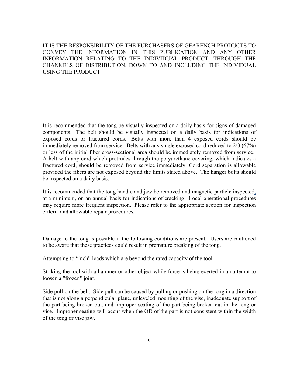 Responsibility of distributors, Tong inspection, Overloading / shock loads / side loading | GEARENCH SCT1020 PETOL SURGRIP Casing Tong User Manual | Page 8 / 18
