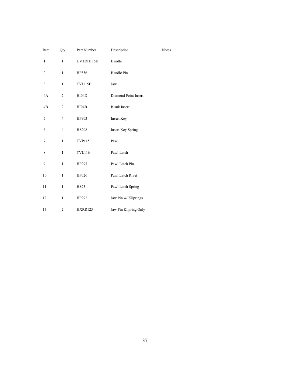 Tong assembly parts list | GEARENCH U115H PETOL HYDRA-TORK User Manual | Page 37 / 39