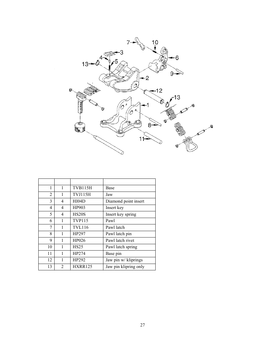 Vise assembly parts list, Item | GEARENCH U115H-000S PETOL HYDRA-TORK User Manual | Page 29 / 32