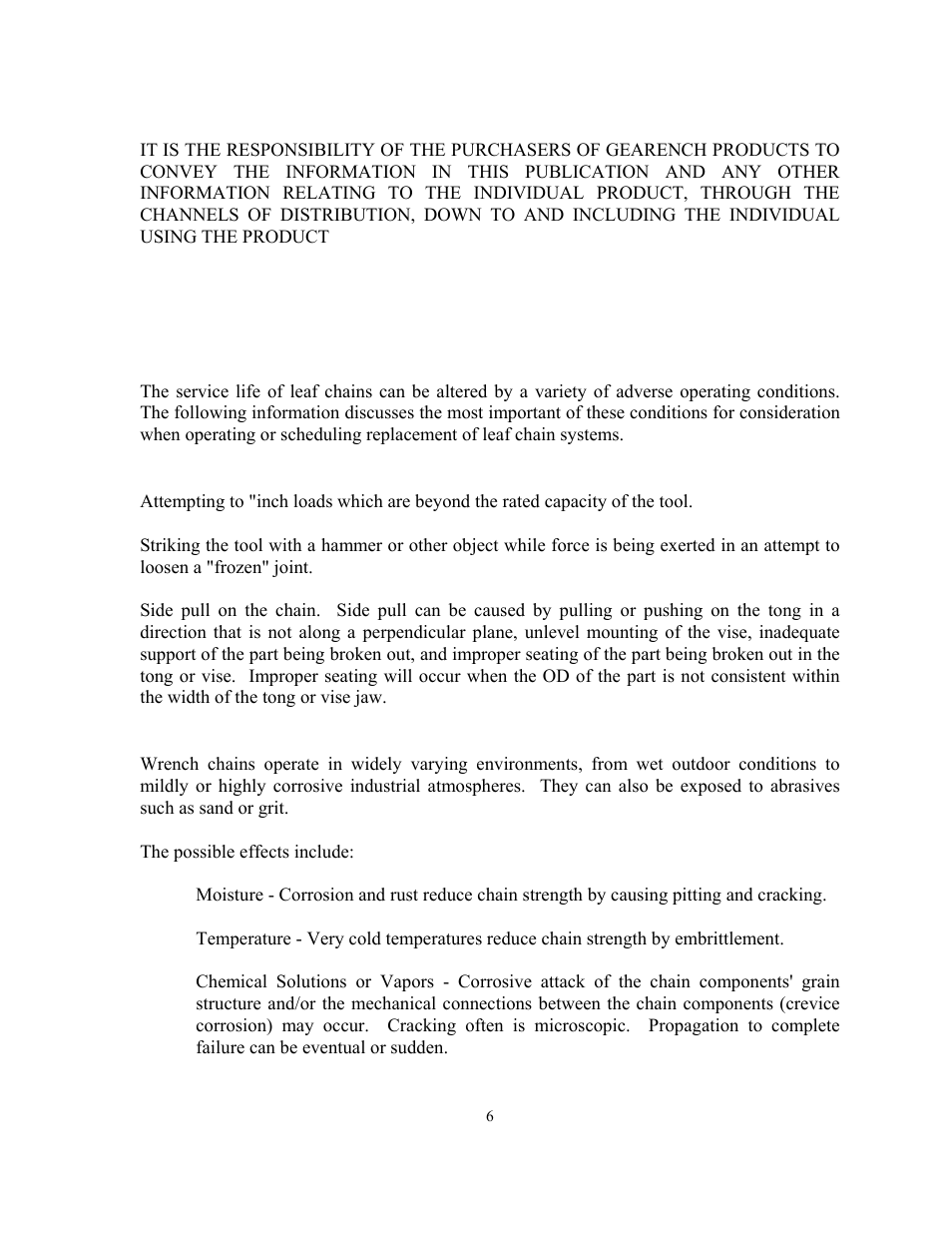 Responsibility of distributors, Tong and vise chain inspection, Overloading / shock loads / side loading | Environmental conditions | GEARENCH U115H-000S PETOL HYDRA-TORK User Manual | Page 8 / 32