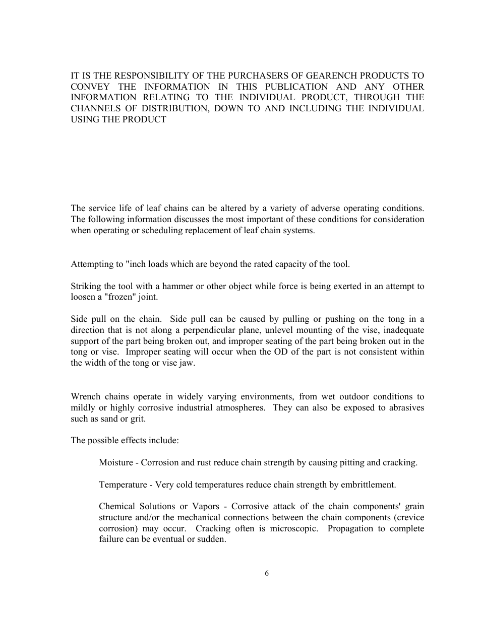 Responsibility of distributors, Tong and vise chain inspection, Overloading / shock loads / side loading | Environmental conditions | GEARENCH U116H-023L PETOL HYDRA-TORK User Manual | Page 8 / 35