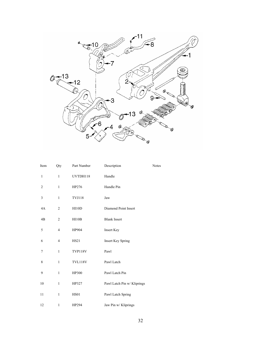 Tong assembly parts list | GEARENCH U118-000-G PETOL HYDRA-TORK User Manual | Page 32 / 35