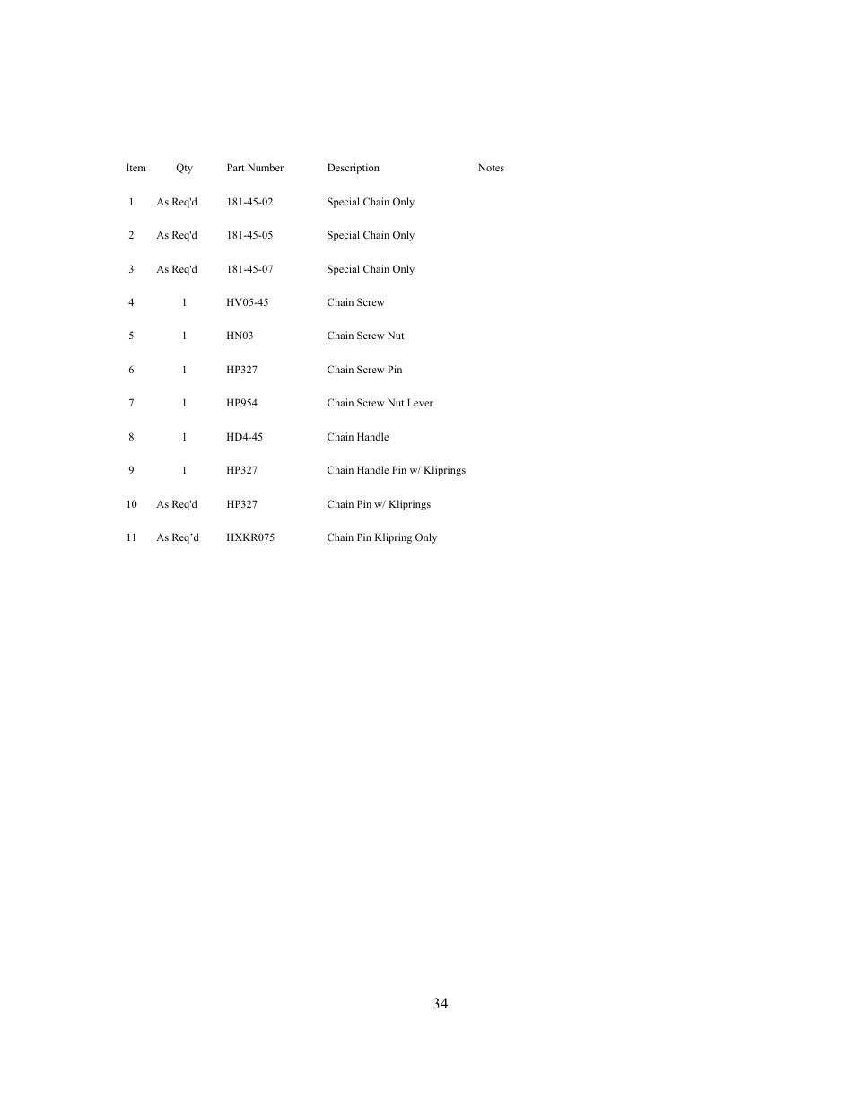 Petol special chain parts list | GEARENCH U118-000-G PETOL HYDRA-TORK User Manual | Page 34 / 35