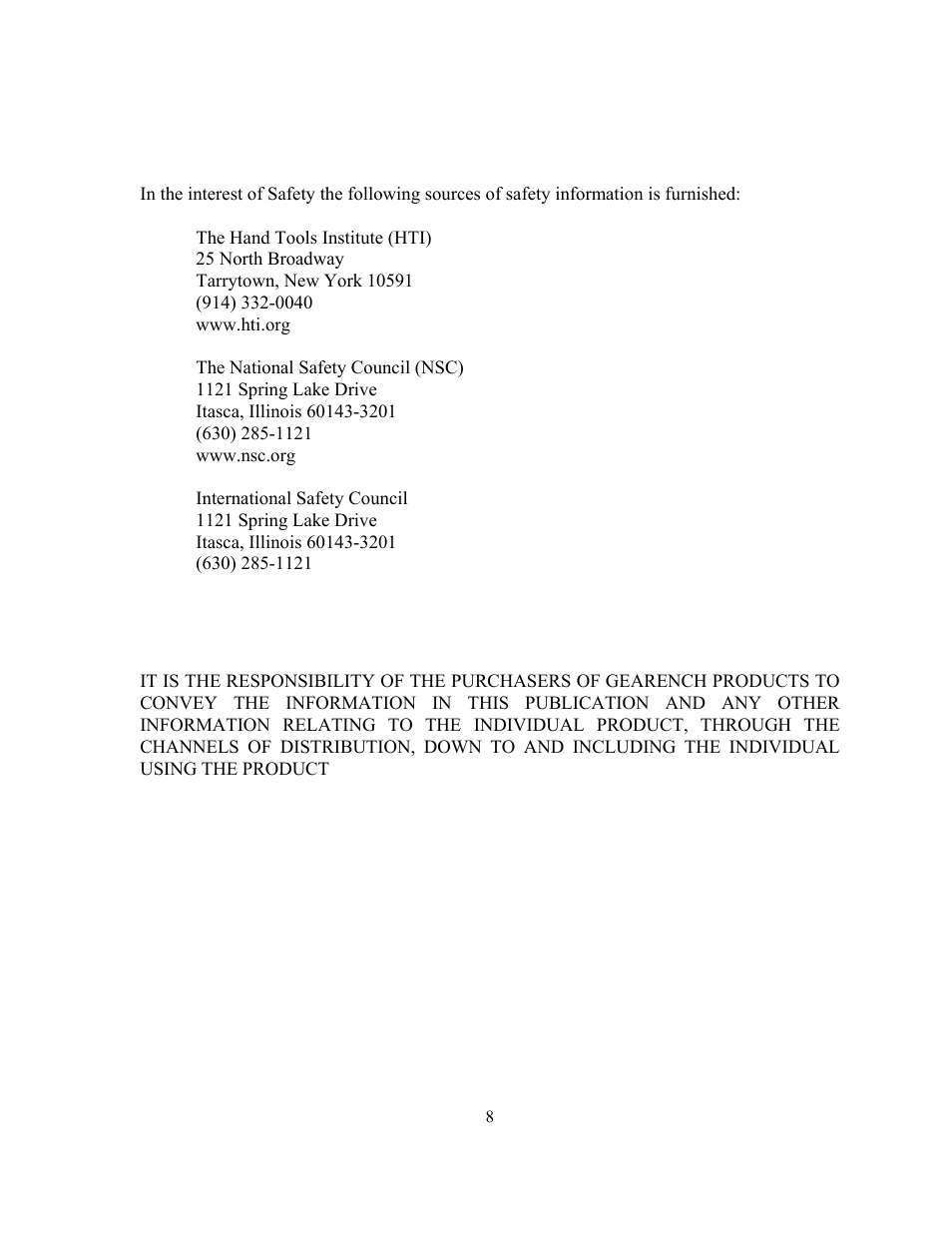 Safety sources and publications, Responsibility of distributors | GEARENCH U118116H-003 PETOL HYDRA-TORK User Manual | Page 8 / 38