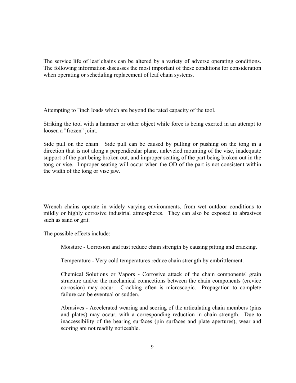 Tong and vise chain inspection, Overloading / shock loads / side loading, Environmental conditions | GEARENCH U118116H-003 PETOL HYDRA-TORK User Manual | Page 9 / 38