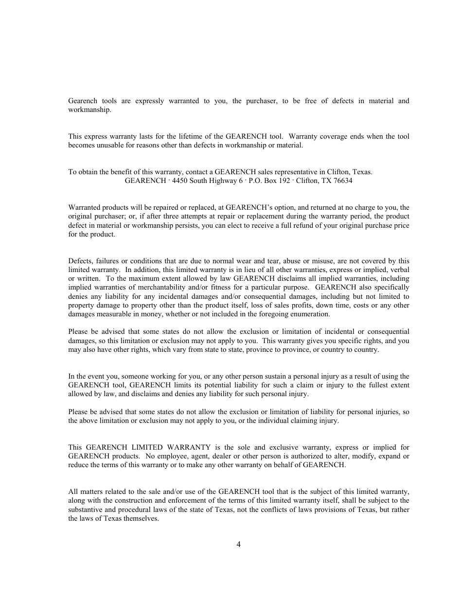 Warranty | GEARENCH U4174 PETOL HYDRA-TORK User Manual | Page 4 / 24