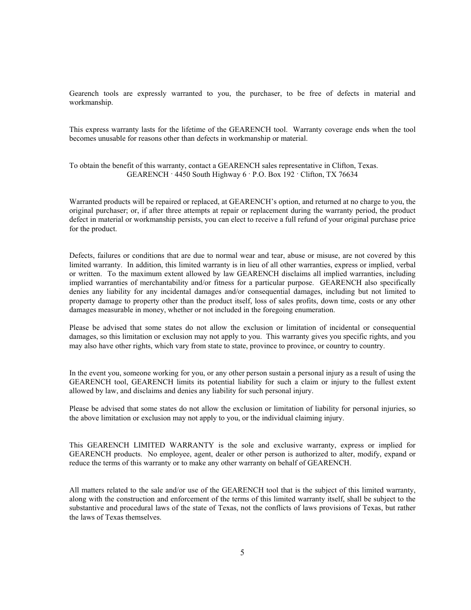 Warranty | GEARENCH U8184 PETOL HYDRA-TORK User Manual | Page 5 / 29