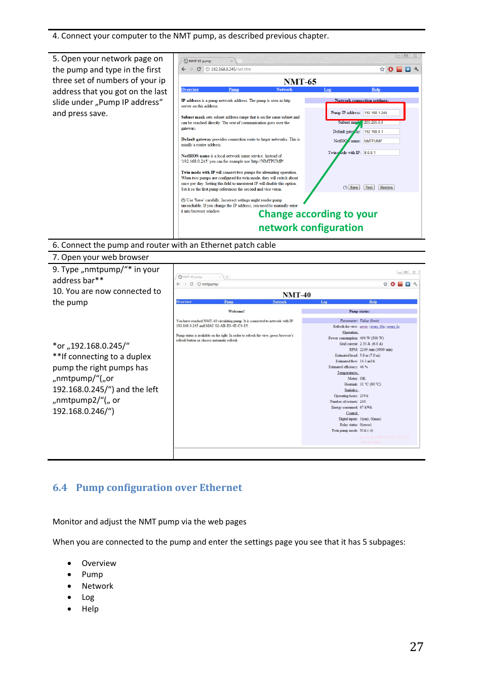 4 pump configuration over ethernet, Pump configuration over ethernet, Change according to your network configuration | IMP Pumps NMTC module User Manual | Page 27 / 41