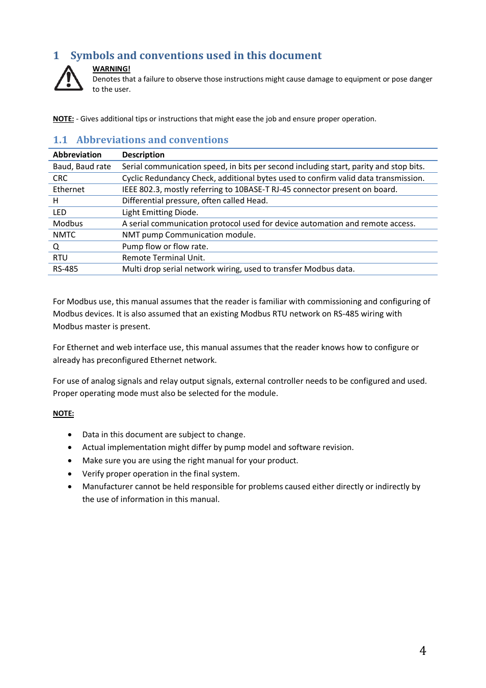 1 symbols and conventions used in this document, 1 abbreviations and conventions, Abbreviations and conventions | IMP Pumps NMTC module User Manual | Page 4 / 41