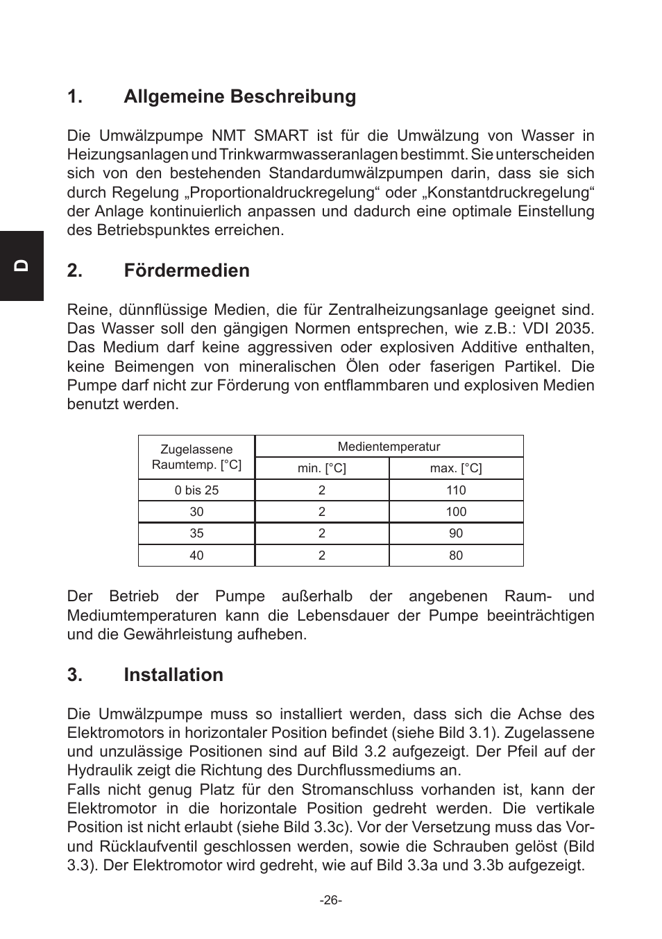 D1. allgemeine beschreibung, Fördermedien, Installation | IMP Pumps NMT(D) SMART (C) User Manual | Page 26 / 56