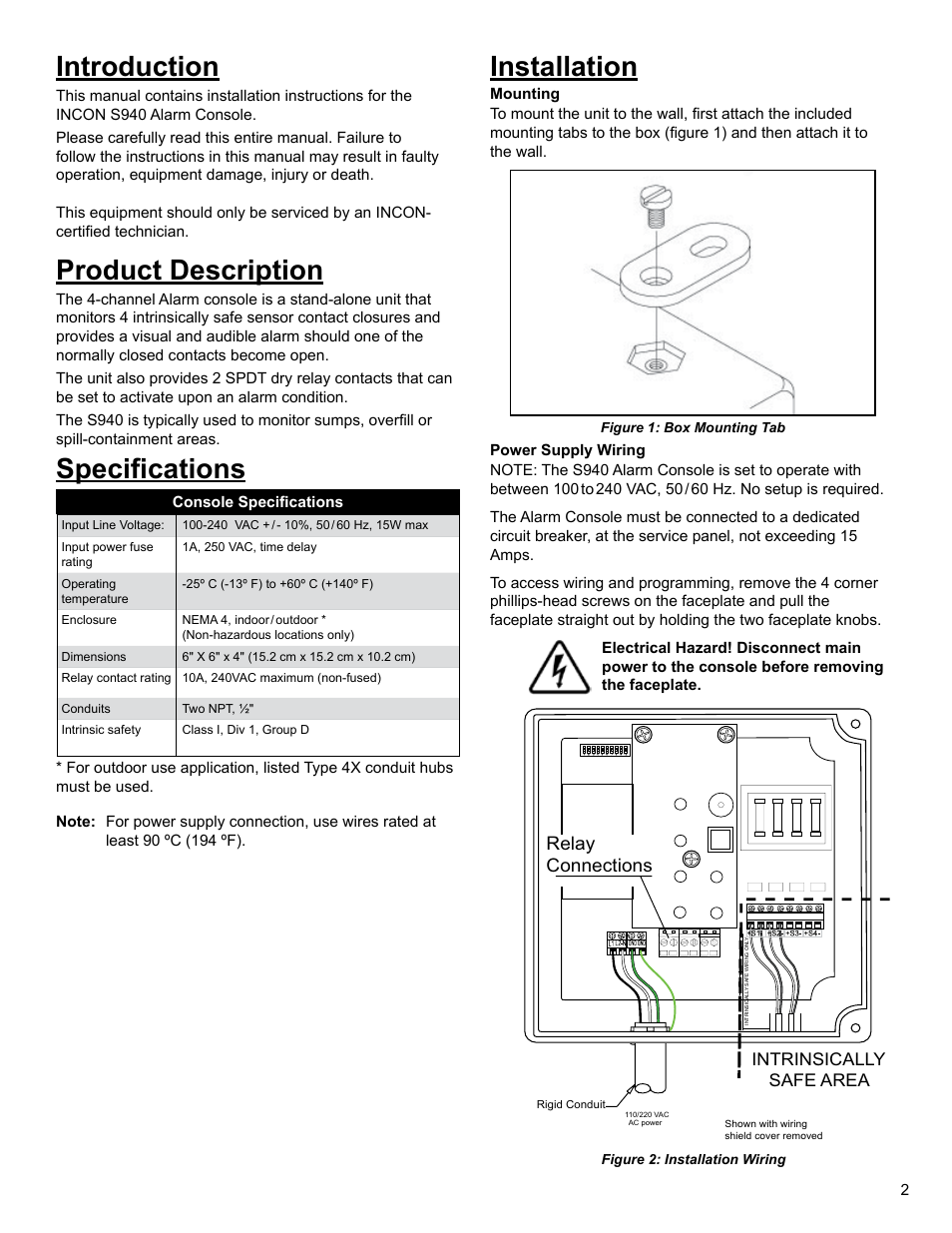 Introduction, Product description, Specifications | Installation, Relay connections | Franklin Fueling Systems S940 User Manual | Page 5 / 8