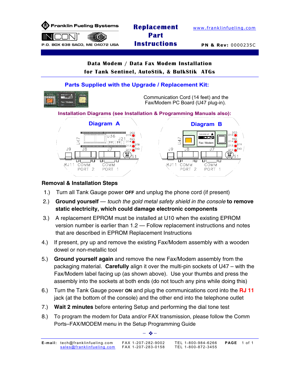 Franklin Fueling Systems Data Modem / Data Fax Modem for Tank Sentinel, AutoStik, & BulkStik ATGs User Manual | 1 page