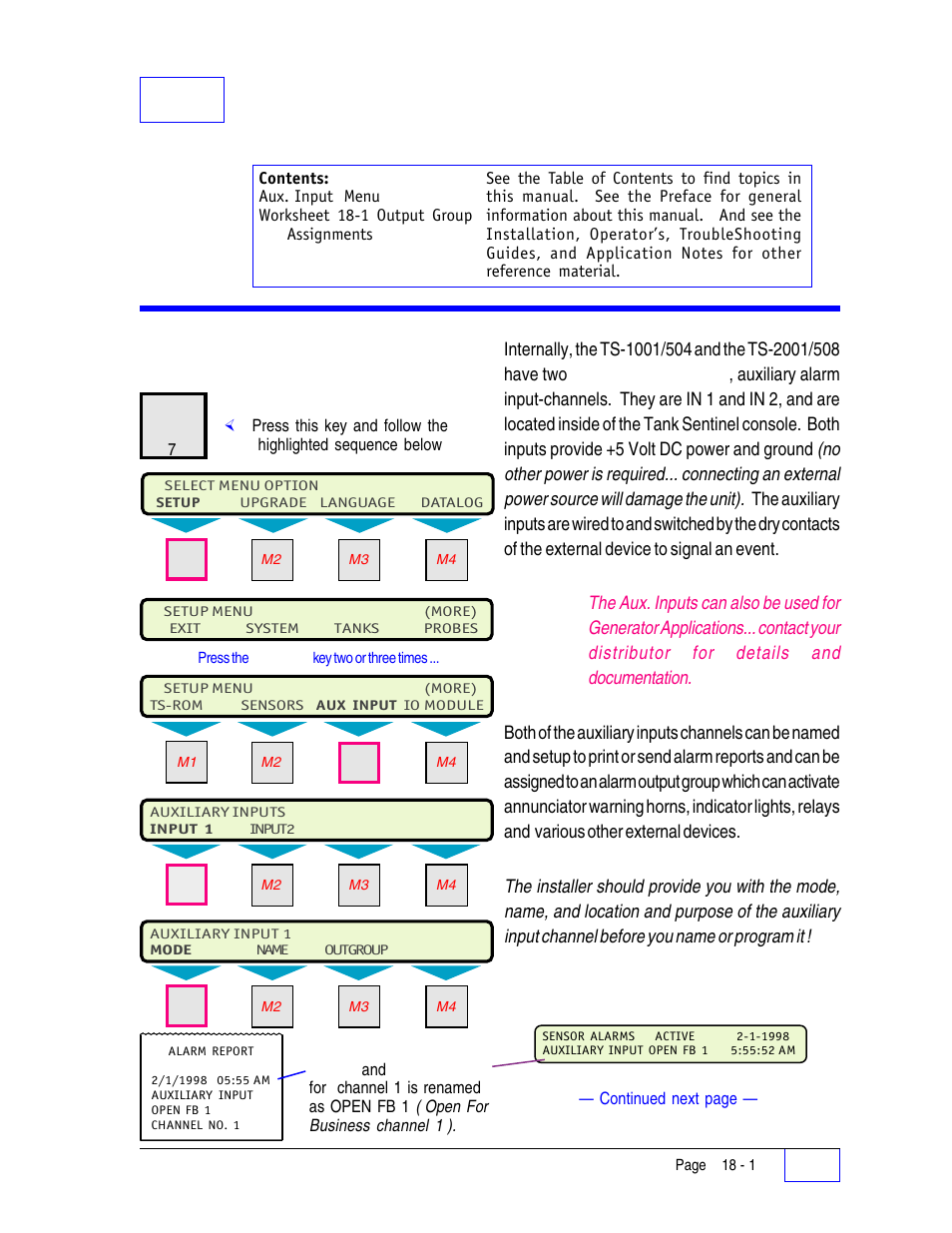 18 auxiliary inputs setup programming 18, Aux. input menu 18, 18 auxiliary inputs setup programming | Aux. input menu | Franklin Fueling Systems Tank Sentinel (TS-1001, 2001, 504, & 508) Setup Programming Guide User Manual | Page 105 / 184