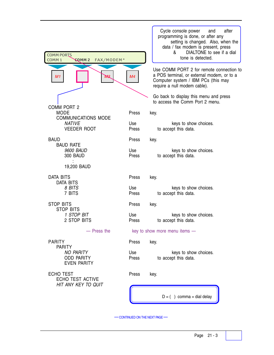Comm port 2 menu 21, Comm port 2 menu | Franklin Fueling Systems Tank Sentinel (TS-1001, 2001, 504, & 508) Setup Programming Guide User Manual | Page 123 / 184