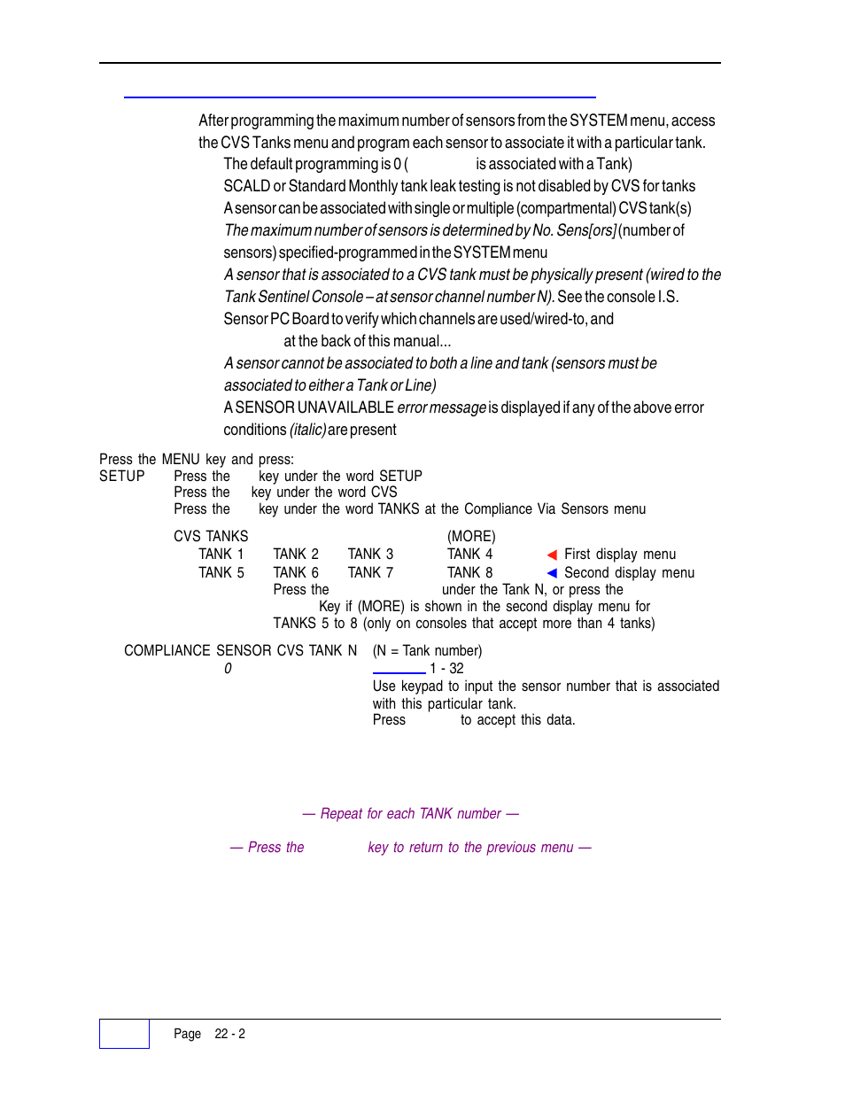 Cvs tanks menu 22 | Franklin Fueling Systems Tank Sentinel (TS-1001, 2001, 504, & 508) Setup Programming Guide User Manual | Page 132 / 184