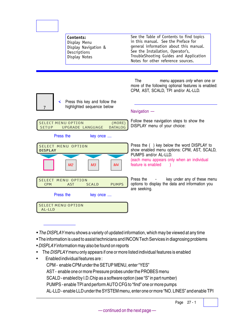 27 display menu 27, Display menu 27, Display notes 27 | Display navigation & descriptions 27, 27 display menu, Display menu | Franklin Fueling Systems Tank Sentinel (TS-1001, 2001, 504, & 508) Setup Programming Guide User Manual | Page 155 / 184