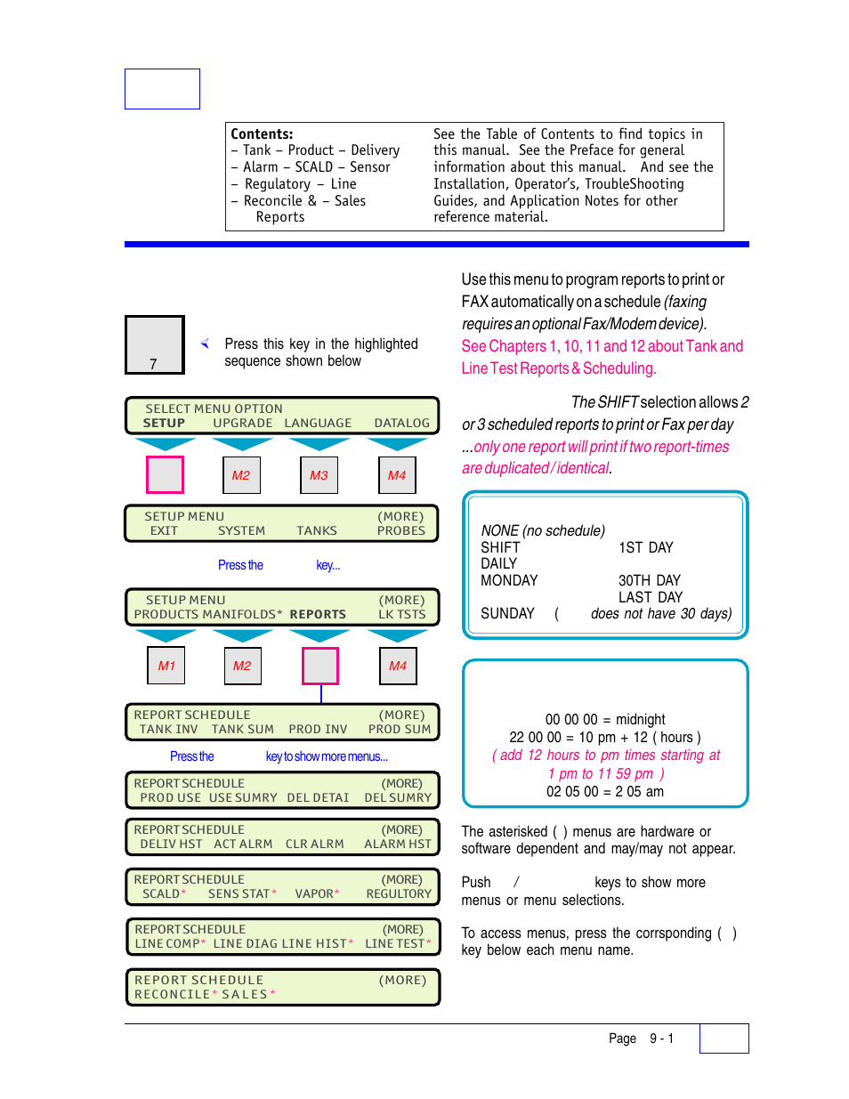9 reports setup programming 9, Reports menu 9, Table 9.2 24 hour time input format 9 | Table 9.1 typical report schedule 9, 9reports setup programming, Reports menu | Franklin Fueling Systems Tank Sentinel (TS-1001, 2001, 504, & 508) Setup Programming Guide User Manual | Page 57 / 184