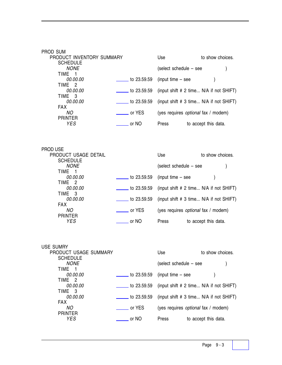 Product inventory summary report: 9, Product usage detail report: 9, Product usage summary report: 9 | Reports schedule menu (c | Franklin Fueling Systems Tank Sentinel (TS-1001, 2001, 504, & 508) Setup Programming Guide User Manual | Page 59 / 184