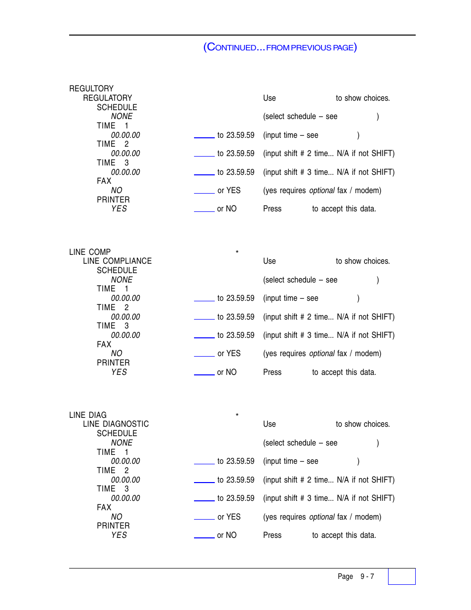 Regulatory report: 9, Line compliance report: 9, Line diagnostics report: 9 | Reports schedule menu (c | Franklin Fueling Systems Tank Sentinel (TS-1001, 2001, 504, & 508) Setup Programming Guide User Manual | Page 63 / 184