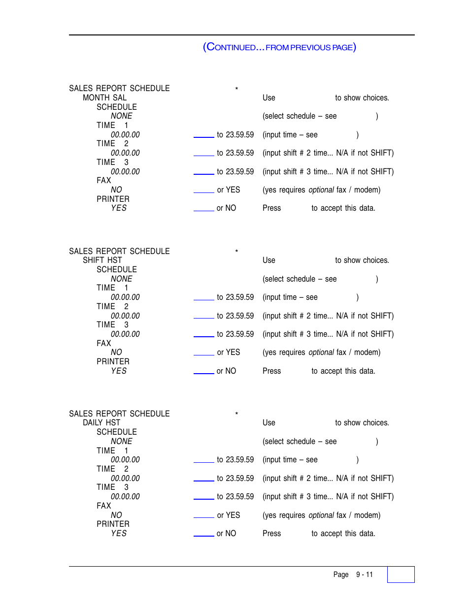 Monthly sales report: 9, Shift history report: 9, Daily history report: 9 | Reports schedule menu (c | Franklin Fueling Systems Tank Sentinel (TS-1001, 2001, 504, & 508) Setup Programming Guide User Manual | Page 67 / 184