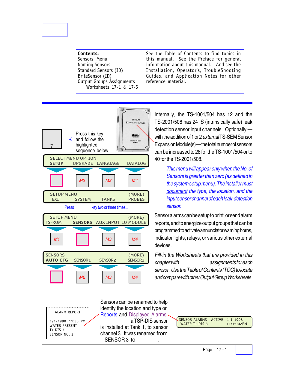 17 sensors (leak detection) setup programming 17, Sensors menu 17, Naming sensors 17 | 17 sensors (leak detection) setup programming, Sensors menu | Franklin Fueling Systems Tank Sentinel (TS-1001, 2001, 504, & 508) Setup Programming Guide User Manual | Page 96 / 184