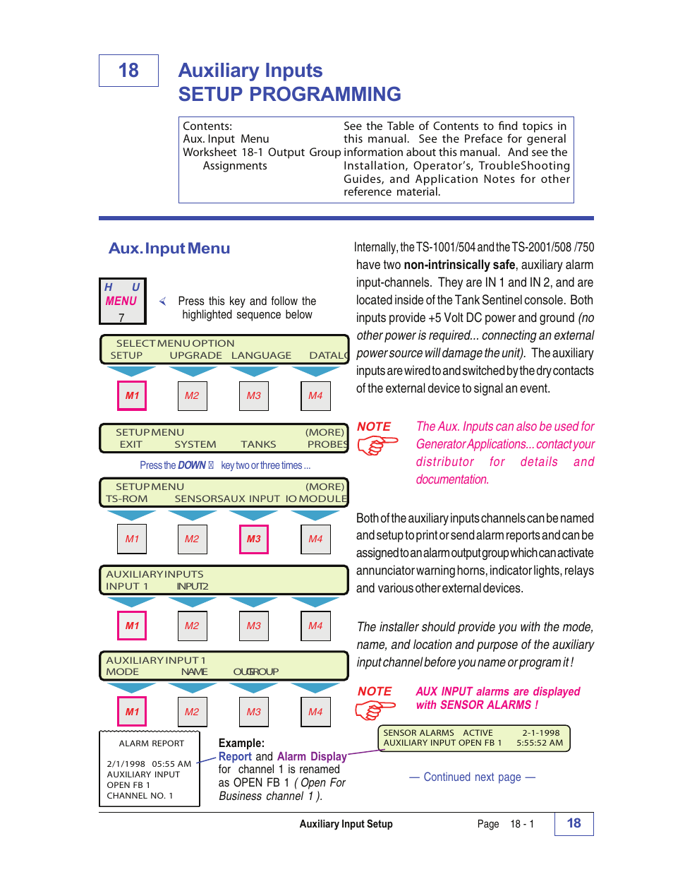 18 auxiliary inputs setup programming 18, Aux. input menu 18, 18 auxiliary inputs setup programming | Aux. input menu | Franklin Fueling Systems Tank Sentinel (TS-1001, 2001, 504, 508 & 750) Setup Programming Guide User Manual | Page 105 / 184