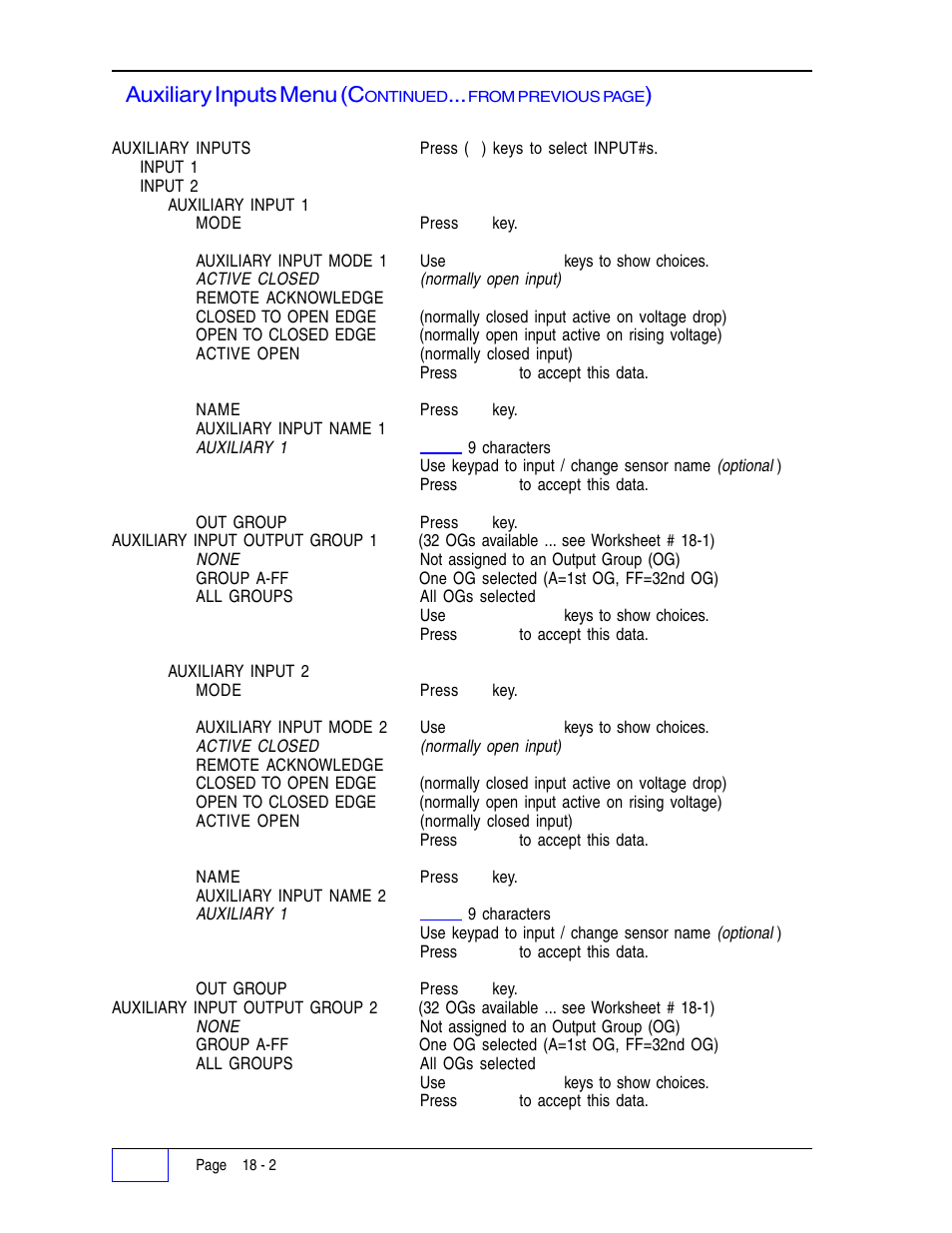 Auxiliary inputs menu (c | Franklin Fueling Systems Tank Sentinel (TS-1001, 2001, 504, 508 & 750) Setup Programming Guide User Manual | Page 106 / 184