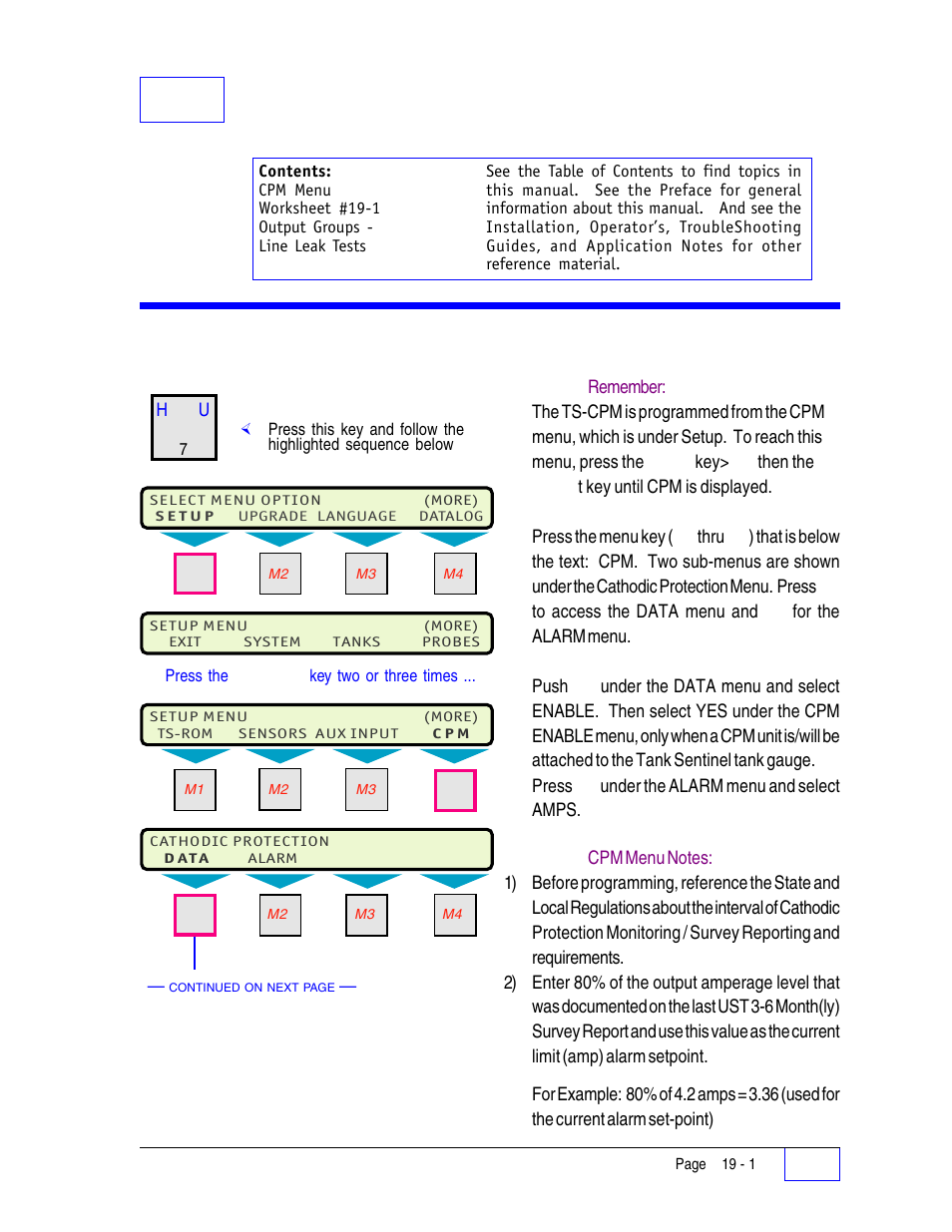 Cpm menu 19, Cpm menu notes: 19, Cpm menu | Franklin Fueling Systems Tank Sentinel (TS-1001, 2001, 504, 508 & 750) Setup Programming Guide User Manual | Page 109 / 184